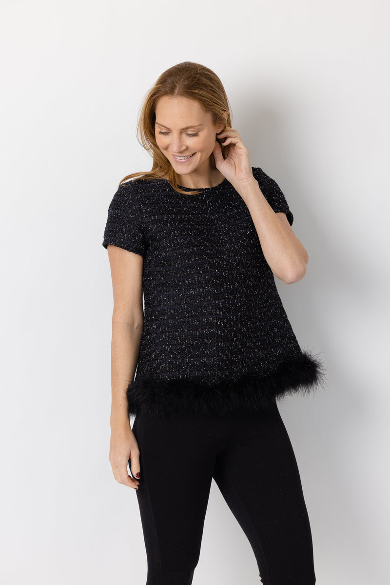 Short Sleeve Top w/ Feather Trim