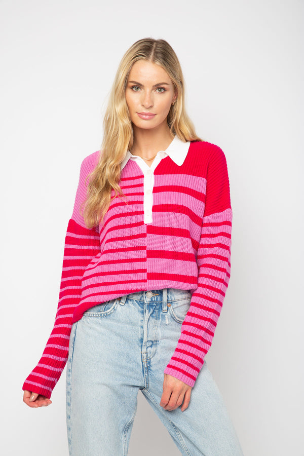 Yasmin Pink Stripe Polo Sweater